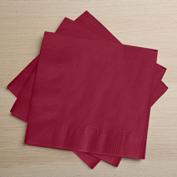 50 Pack | 5x5inch Burgundy Soft 2-Ply Paper Beverage Napkins, Disposable Cocktail Napkins