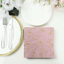 50 Pack Dusty Rose 2-Ply Paper Cocktail Napkins with Gold Outlined Flowers Print