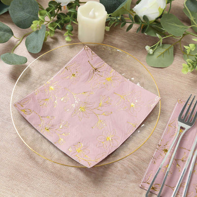 50-Pack Paper Cocktail Napkins 2 Ply Dusty Rose with Gold Magnolia Flowers Print - Soft and Highly Absorbent Beverage Napkins
