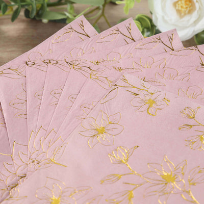 50-Pack Paper Cocktail Napkins 2 Ply Dusty Rose with Gold Magnolia Flowers Print - Soft and Highly Absorbent Beverage Napkins