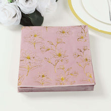 50 Pack Dusty Rose 2-Ply Paper Cocktail Napkins with Gold Outlined Flowers Print