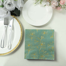 50 Pack Dusty Sage Green 2-Ply Paper Cocktail Napkins with Gold Outlined Flowers Print