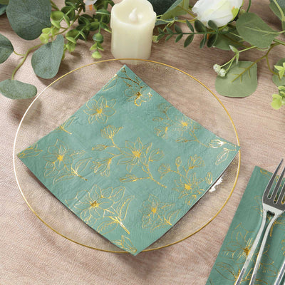 50-Pack Paper Cocktail Napkins 2 Ply Dusty Sage Green with Gold Magnolia Flowers Print - Soft and Highly Absorbent Beverage Napkins