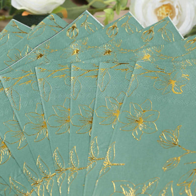 50-Pack Paper Cocktail Napkins 2 Ply Dusty Sage Green with Gold Magnolia Flowers Print - Soft and Highly Absorbent Beverage Napkins