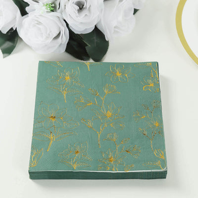 50-Pack Paper Cocktail Napkins 2 Ply Dusty Sage Green with Gold Magnolia Flowers Print - Soft and Highly Absorbent Beverage Napkins