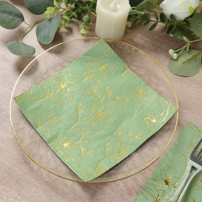 50-Pack Paper Cocktail Napkins 2 Ply Sage Green with Gold Magnolia Flowers Print - Soft and Highly Absorbent Beverage Napkins