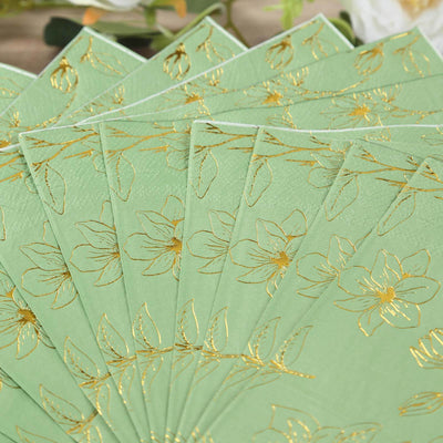 50-Pack Paper Cocktail Napkins 2 Ply Sage Green with Gold Magnolia Flowers Print - Soft and Highly Absorbent Beverage Napkins