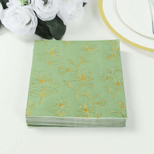 50 Pack Sage Green 2-Ply Paper Cocktail Napkins with Gold Outlined Flowers Print