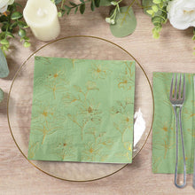 50 Pack Sage Green 2-Ply Paper Cocktail Napkins with Gold Outlined Flowers Print