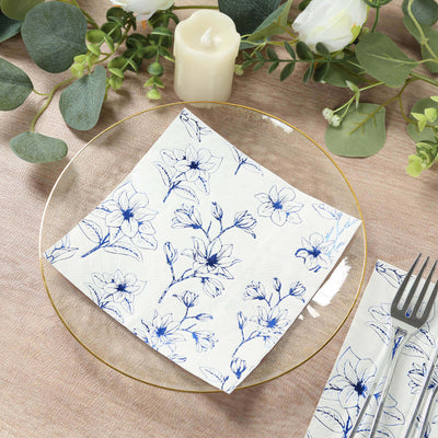 50-Pack Paper Cocktail Napkins 2 Ply White with Blue Magnolia Flowers Print - Soft and Highly Absorbent Beverage Napkins