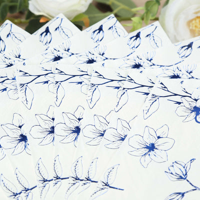 50-Pack Paper Cocktail Napkins 2 Ply White with Blue Magnolia Flowers Print - Soft and Highly Absorbent Beverage Napkins
