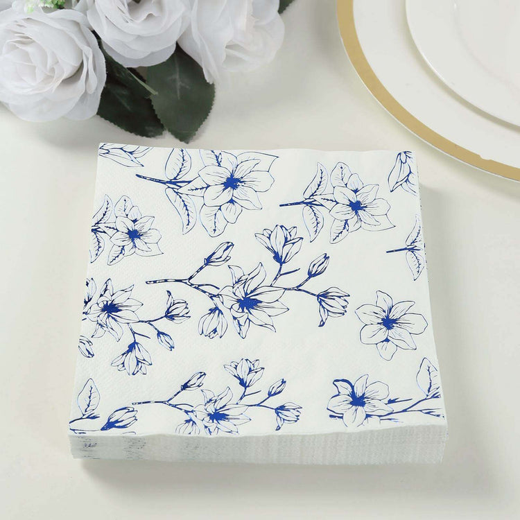 50 Pack White 2-Ply Paper Cocktail Napkins with Blue Outlined Flowers Print