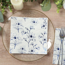 50 Pack White 2-Ply Paper Cocktail Napkins with Blue Outlined Flowers Print