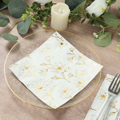 50-Pack Paper Cocktail Napkins 2 Ply White with Gold Magnolia Flowers Print - Soft and Highly Absorbent Beverage Napkins