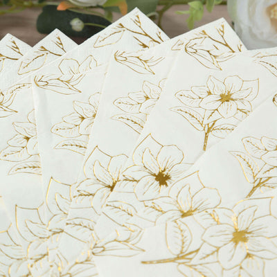 50-Pack Paper Cocktail Napkins 2 Ply White with Gold Magnolia Flowers Print - Soft and Highly Absorbent Beverage Napkins