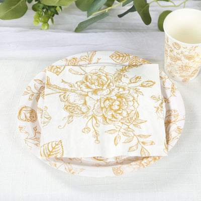 50-Pack Paper Cocktail Napkins 2 Ply White with Gold French Toile Floral Pattern - Soft and Highly Absorbent Beverage Napkins