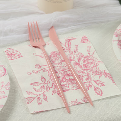 50 Pack 2-Ply Paper Cocktail Napkins in Matte Pink and White French Toile Floral Pattern, Highly Absorbent Soft Disposable Beverage Napkins