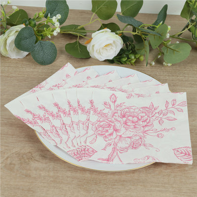 50 Pack 2-Ply Paper Cocktail Napkins in Matte Pink and White French Toile Floral Pattern, Highly Absorbent Soft Disposable Beverage Napkins