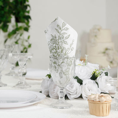 50 Pack 2-Ply Paper Cocktail Napkins in Matte Sage Green and White French Toile Floral Pattern, Highly Absorbent Soft Disposable Beverage Napkins