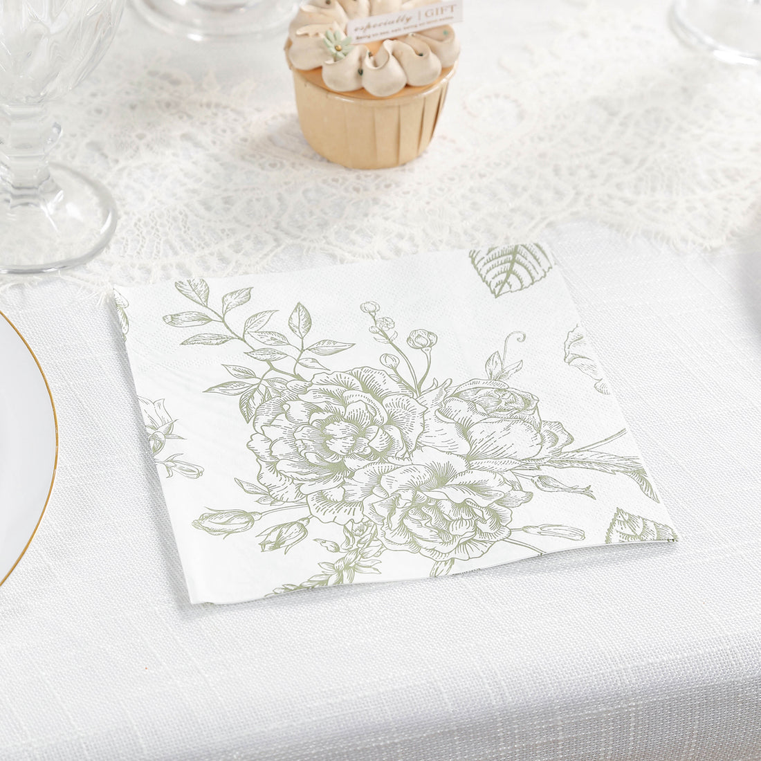 50 Pack 2-Ply Paper Cocktail Napkins in Matte Sage Green and White French Toile Floral Pattern