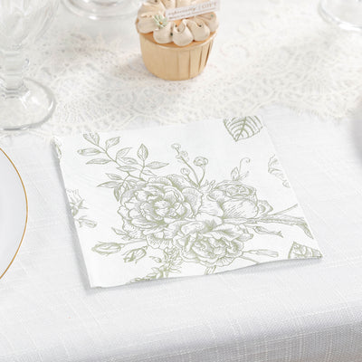50 Pack 2-Ply Paper Cocktail Napkins in Matte Sage Green and White French Toile Floral Pattern, Highly Absorbent Soft Disposable Beverage Napkins