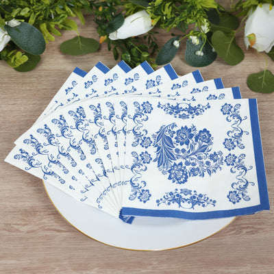 50 Pack 2-Ply Paper Cocktail Napkins in White Royal Blue Damask Pattern, Disposable Beverage Napkins - Highly Absorbent & Soft