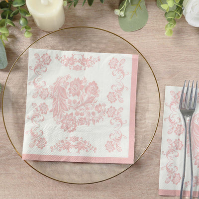 50 Pack 2-Ply Paper Cocktail Napkins in White Matte Pink Damask Floral Pattern, Disposable Beverage Napkins - Highly Absorbent & Soft