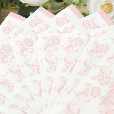 50 Pack 2-Ply Paper Cocktail Napkins in White Matte Pink Damask Floral Pattern, Disposable Beverage Napkins - Highly Absorbent & Soft