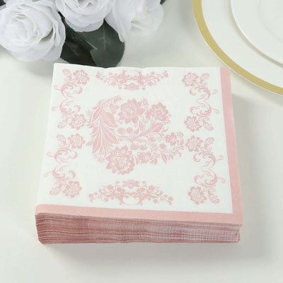 50 Pack 2-Ply Paper Cocktail Napkins in White Matte Pink Damask Floral Pattern, Disposable Beverage Napkins - Highly Absorbent & Soft