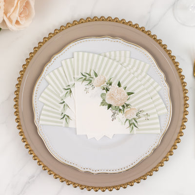 25-Pack Round Paper Cocktail Napkins 2 Ply 6"x6" White/Sage Green with Floral Lined Pattern - Absorbent Beverage Napkins