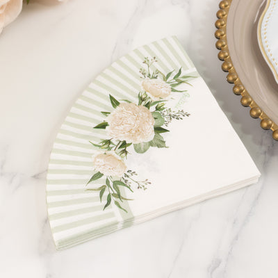 25-Pack Round Paper Cocktail Napkins 2 Ply 6"x6" White/Sage Green with Floral Lined Pattern - Absorbent Beverage Napkins