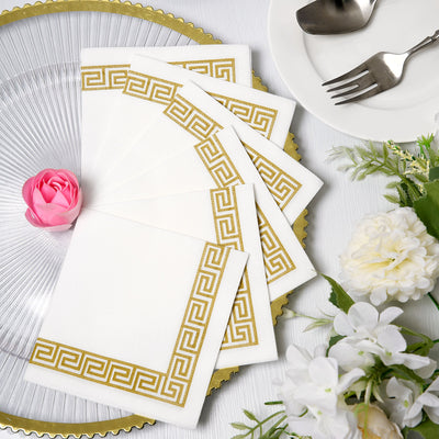 25 Pack Linen-Like Paper Napkins 5"x5" White with Gold Greek Key Design - Stylish & Disposable Airlaid Cocktail Napkins