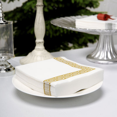 25 Pack Linen-Like Paper Napkins 5"x5" White with Gold Greek Key Design - Stylish & Disposable Airlaid Cocktail Napkins