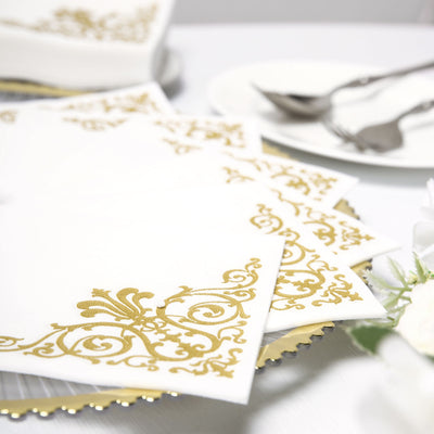 20 Pack Linen-Like Paper Napkins 5"x5" White - Gold Fleur Vintage Design, Convenient & Disposable Airlaid Beverage Napkins