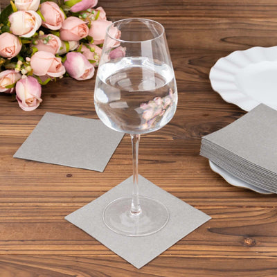 20 Pack Linen-Like Paper Napkins 5"x5" Silver - Soft Single-Use Airlaid Cocktail Napkins