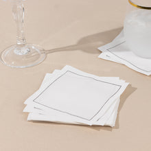 50 Pack White Single-Use Cotton Cocktail Napkins with Black Hemstitched Border, Small Disposable