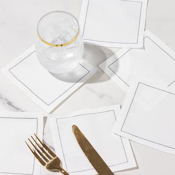 50 Pack White Cotton Cocktail Napkins with Black Hemstitched Border, Small Disposable Party Beverage Cloth Napkins - 4.5"x4.5"