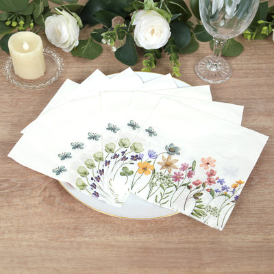 50-Pack Paper Cocktail Napkins 2 Ply with Wildflower Butterfly Design 6.5"x6.5" - Soft and Absorbent Luncheon Napkins
