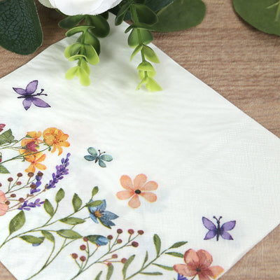 50-Pack Paper Cocktail Napkins 2 Ply with Wildflower Butterfly Design 6.5"x6.5" - Soft and Absorbent Luncheon Napkins