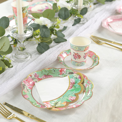 48-Pack Round Paper Cocktail Napkins 2 Ply with Vintage Floral Mixed Design and Scalloped Edges 6.25"x6.25" - Disposable Beverage Napkins