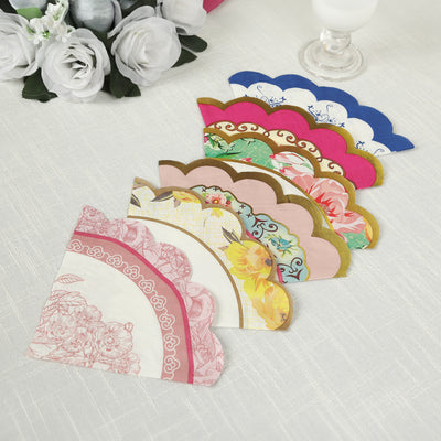 48-Pack Round Paper Cocktail Napkins 2 Ply with Vintage Floral Mixed Design and Scalloped Edges 6.25"x6.25" - Disposable Beverage Napkins