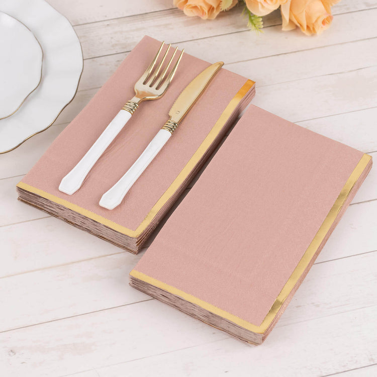 50 Pack Dusty Rose Soft 2 Ply Dinner Paper Napkins with Gold Foil