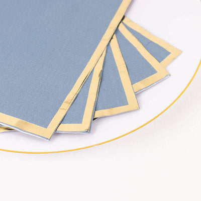 50-Pack Paper Dinner Napkins 2 Ply Dusty Blue with Gold Foil Edge - Soft Disposable Napkins