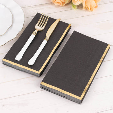 50 Pack Black Soft 2 Ply Dinner Paper Napkins with Gold Foil Edge, Disposable Party Napkins