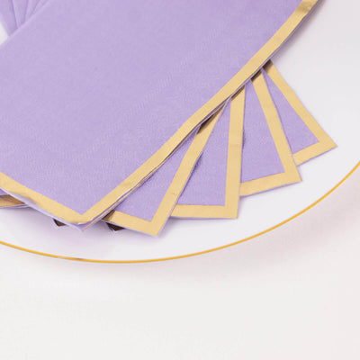 50-Pack Paper Dinner Napkins 2 Ply Lavender with Gold Foil Edge - Soft Disposable Napkins