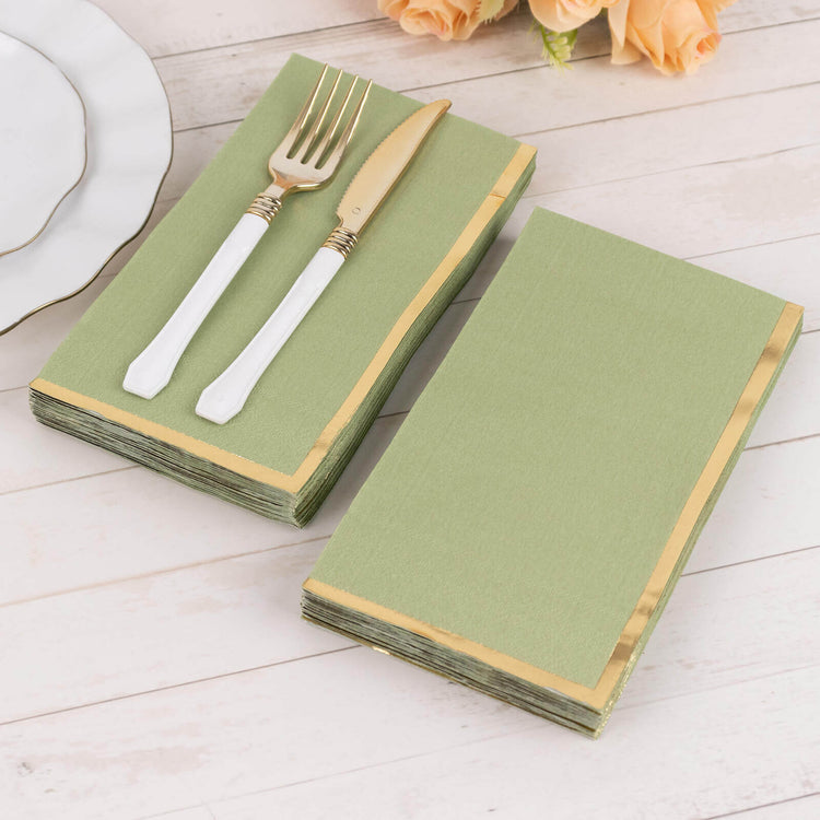 50 Pack Sage Green Soft 2 Ply Dinner Paper Napkins with Gold Foil Edge