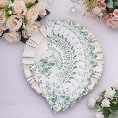 20-Pack Paper Dinner Napkins 2 Ply Green with Eucalyptus Leaf Print - Soft Disposable Boho Style Napkins