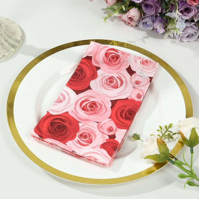 50-Pack Paper Dinner Napkins 2 Ply Red/Pink with Floral Rose Print - Soft Disposable Garden Style Napkins