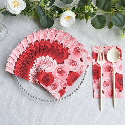 50-Pack Paper Dinner Napkins 2 Ply Red/Pink with Floral Rose Print - Soft Disposable Garden Style Napkins