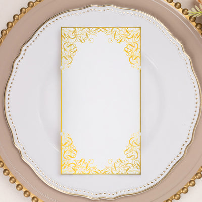 50-Pack Paper Dinner Napkins 8"x4" White with Gold Foil Lace Design - Soft 2 Ply European Style Napkins
